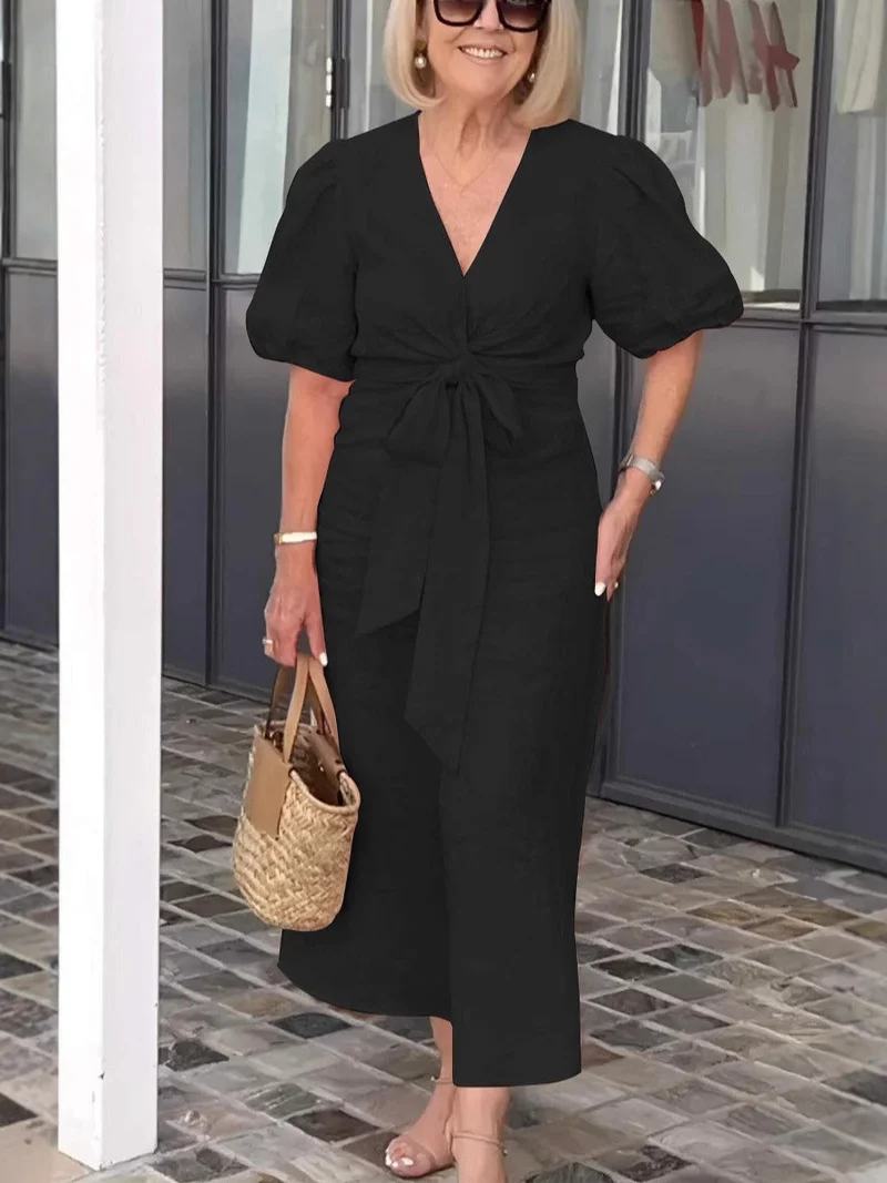 Damen Maxikleid mit eleganten Puffärmeln und Taillenknoten