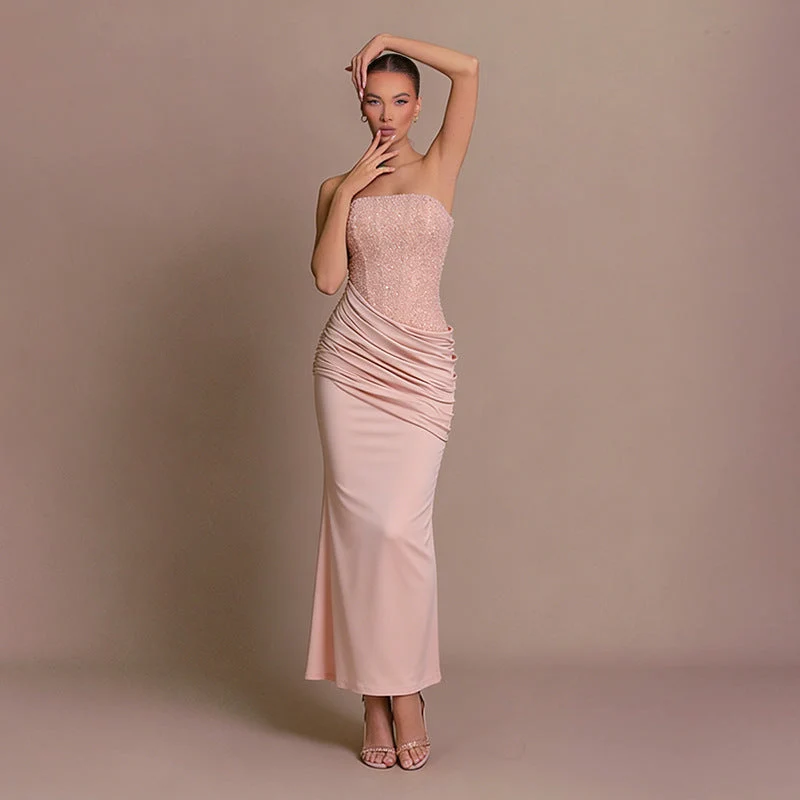 Damen Elegantes langes Abendkleid mit figurschmeichelndem Rüschendesign und schimmernden Pailletten Nord Taschen