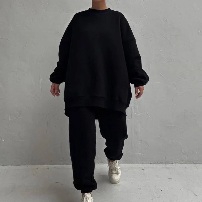 Damen bequemes Oversize-Loungewear-Set mit hohem Kragen und elastischen Bündchen