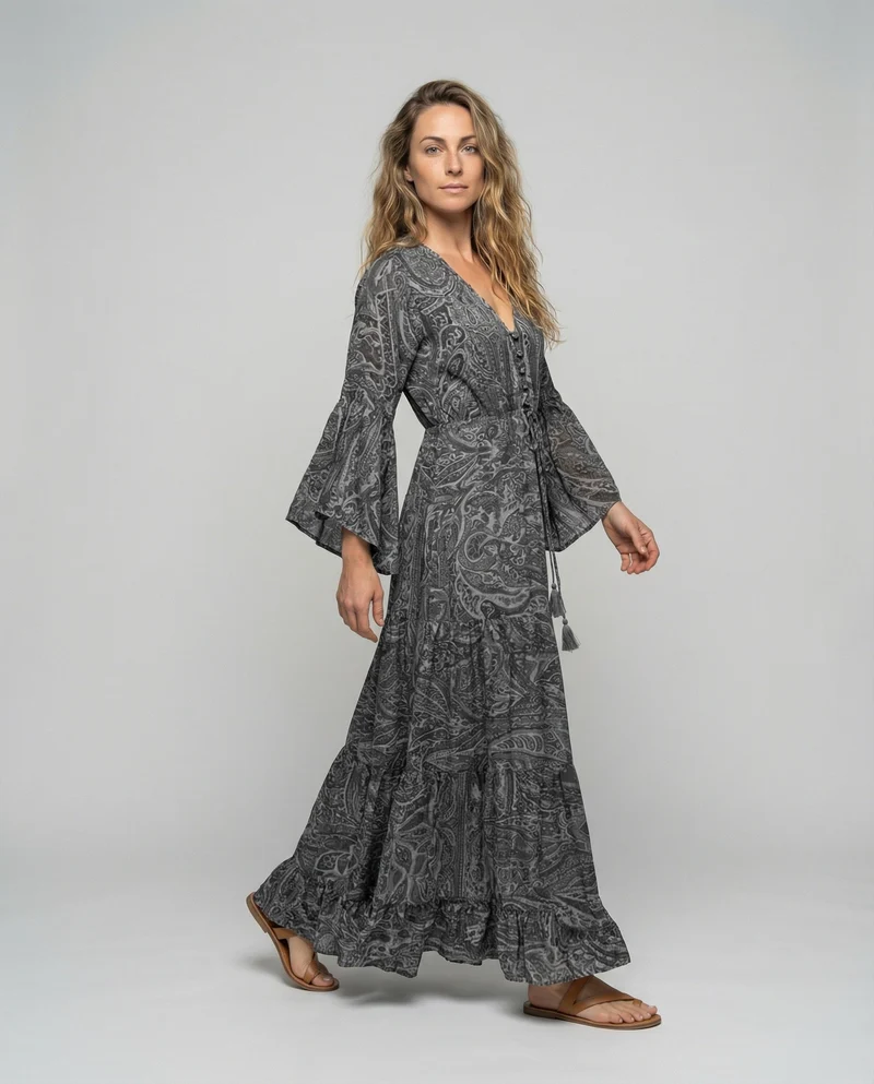 Damen Romantische Paisley-Muster MischgewNord Taschene Maxikleid