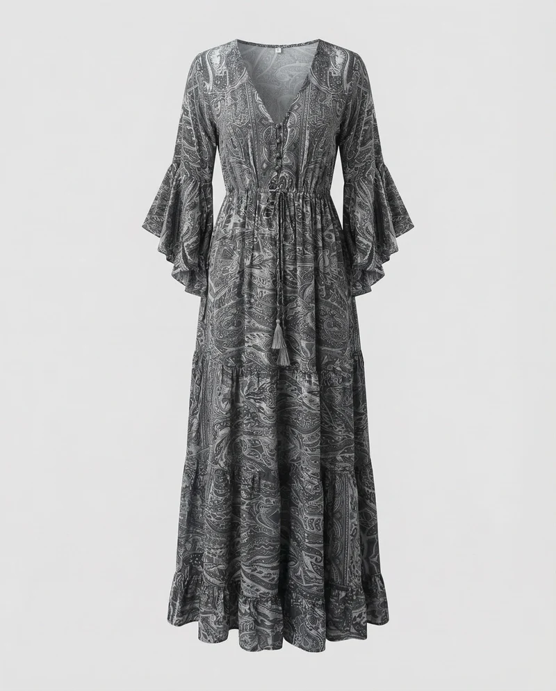 Damen Romantische Paisley-Muster MischgewNord Taschene Maxikleid