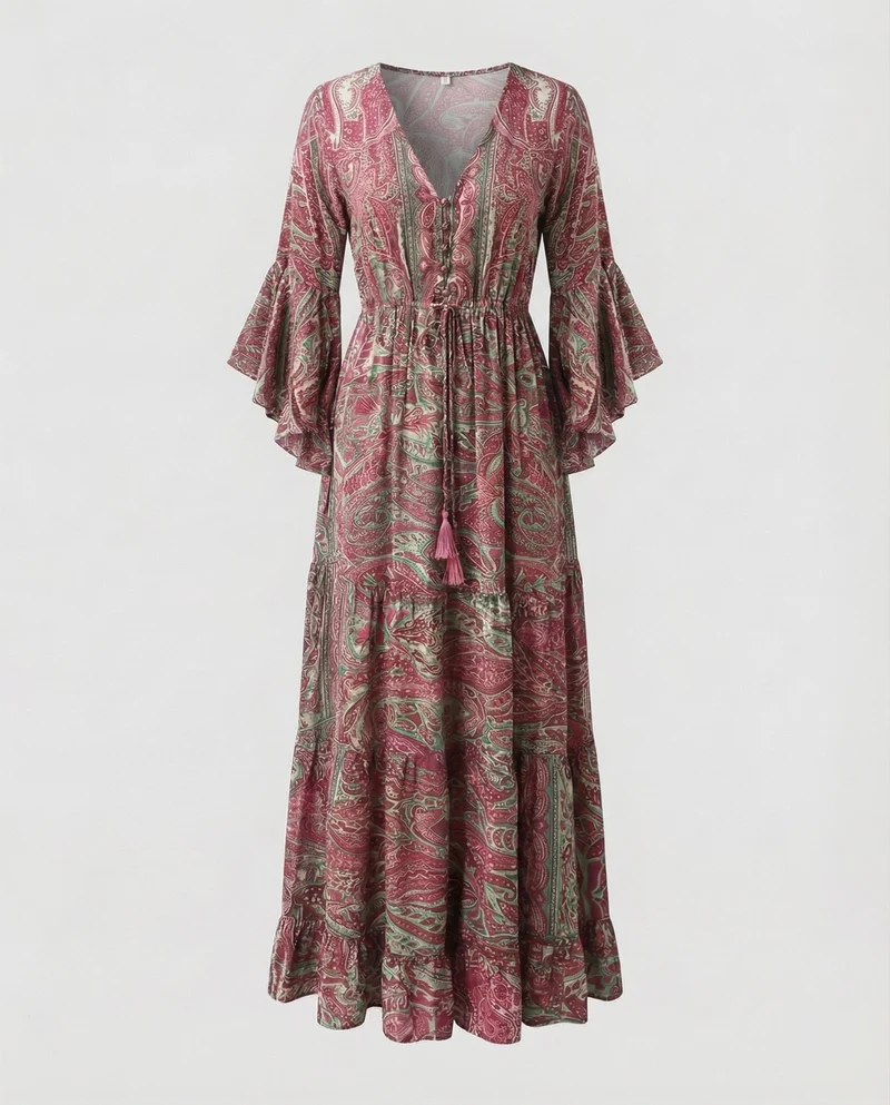 Damen Romantische Paisley-Muster MischgewNord Taschene Maxikleid