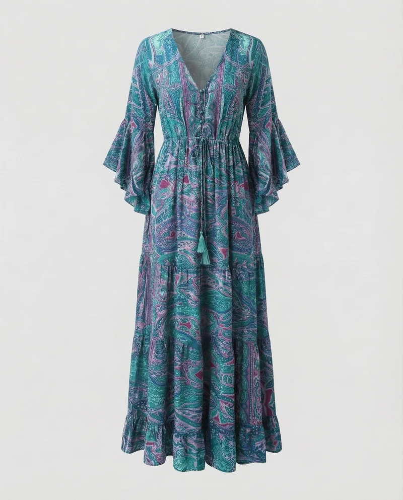 Damen Romantische Paisley-Muster MischgewNord Taschene Maxikleid
