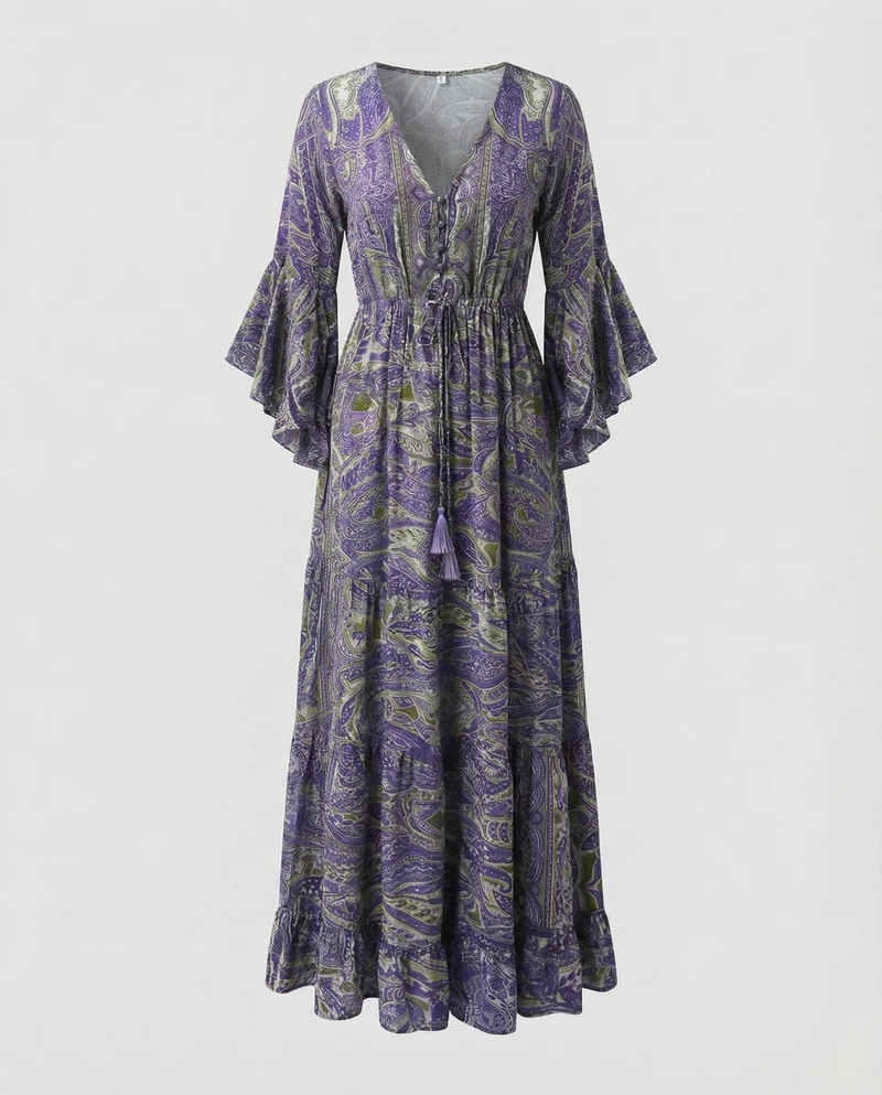Damen Romantische Paisley-Muster MischgewNord Taschene Maxikleid