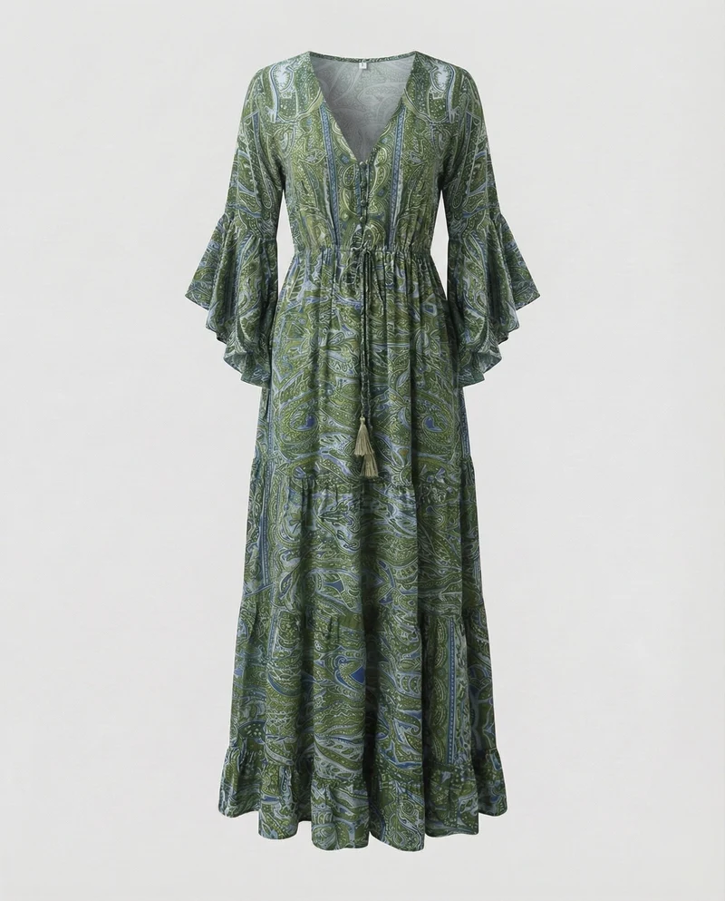 Damen Romantische Paisley-Muster MischgewNord Taschene Maxikleid