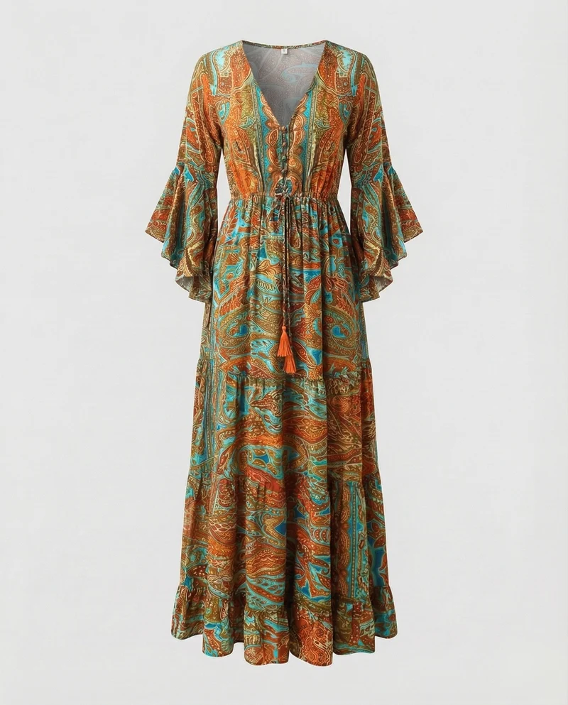 Damen Romantische Paisley-Muster MischgewNord Taschene Maxikleid