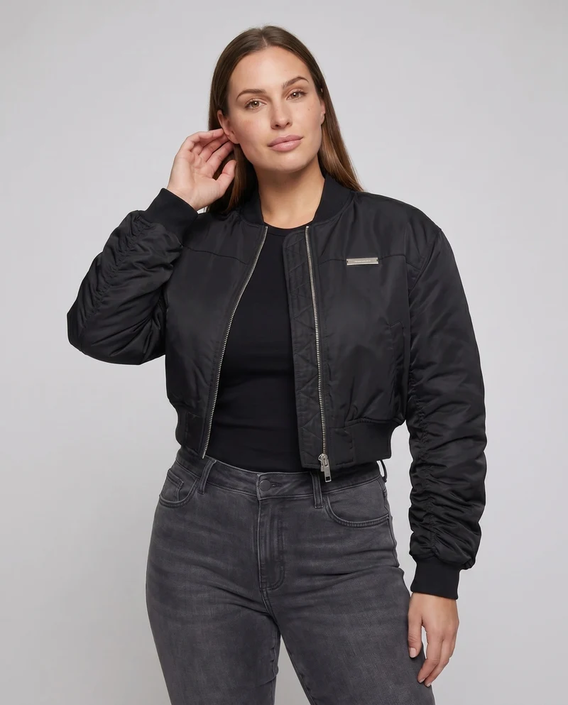 Damen kurz geschnittene Bomberjacke mit voluminösen Ärmeln und modernen Details