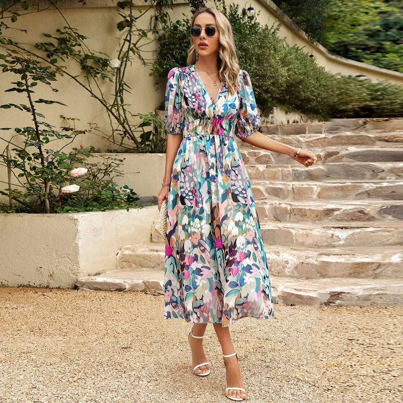 Damen Maxi Kleid mit 3/4-Ärmeln und floralem Design