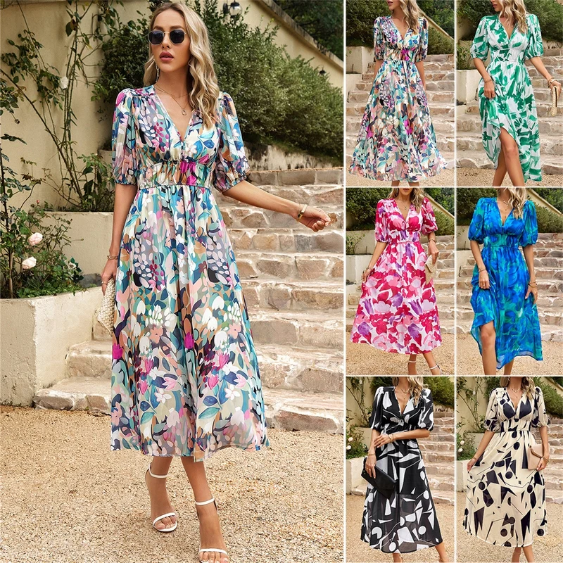 Damen Maxi Kleid mit 3/4-Ärmeln und floralem Design
