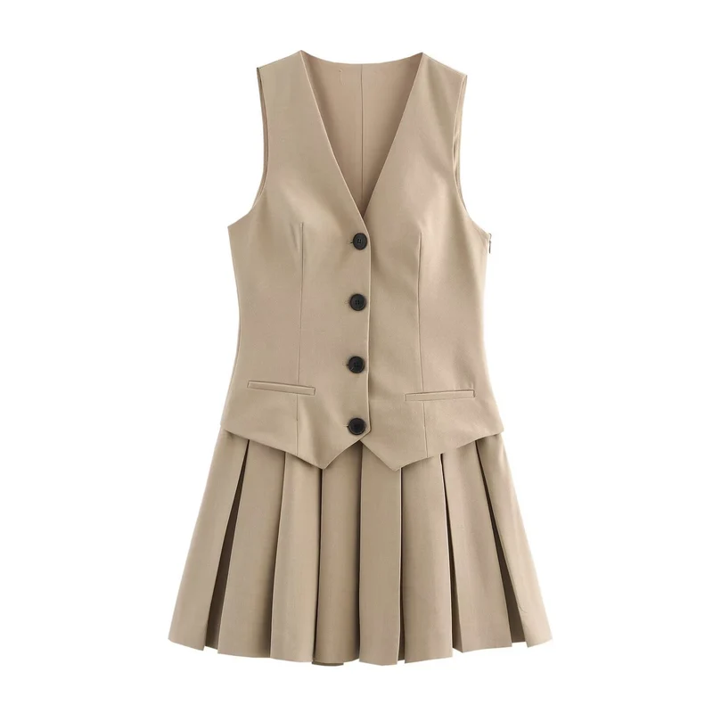 Damen Plissee-Kleid mit tailliertem Oberteil und Knopfleiste