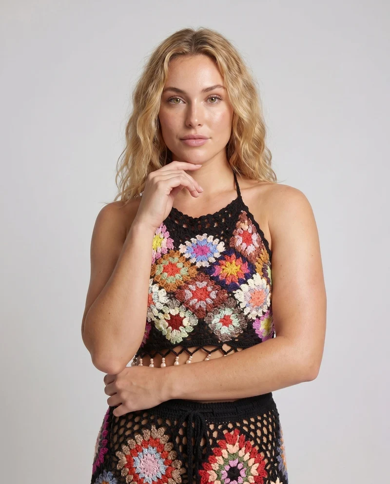 Damen Häkel-Bikini-Set mit bunten Patchwork-Mustern