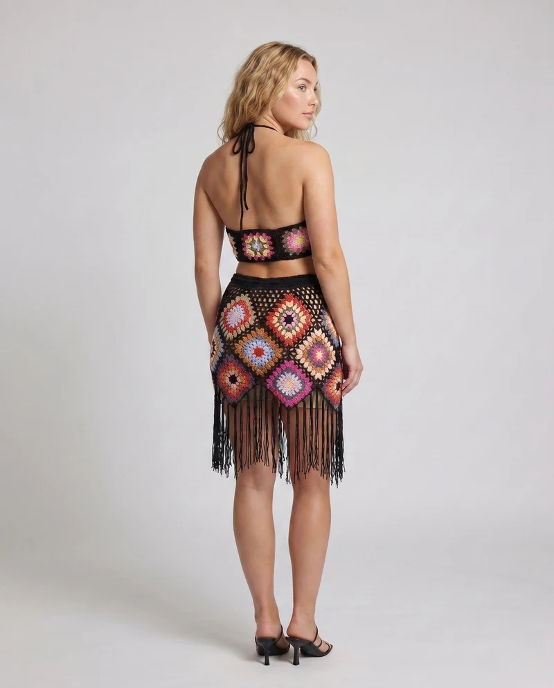 Damen Häkel-Bikini-Set mit bunten Patchwork-Mustern