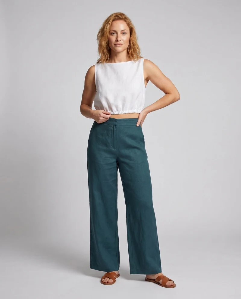 Damen luftiges cropped Leinen-Oberteil mit elastischem Saum