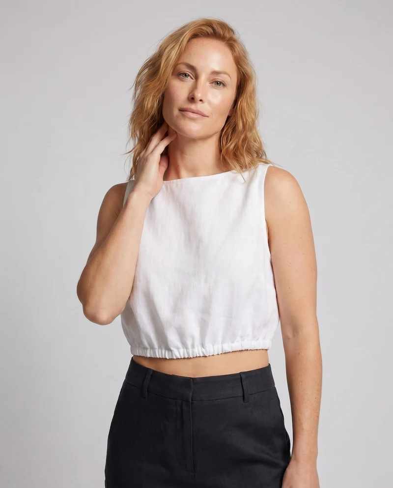 Damen luftiges cropped Leinen-Oberteil mit elastischem Saum