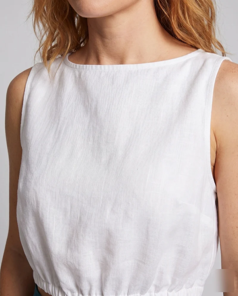 Damen luftiges cropped Leinen-Oberteil mit elastischem Saum