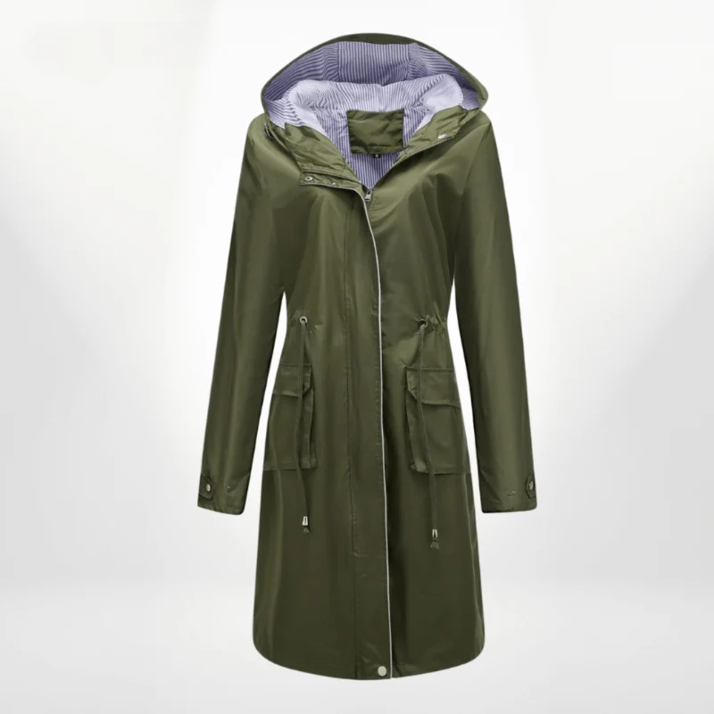 Trenchcoat wasserdicht über das Knie mit Kapuze verstellbare Taille Klappentaschen