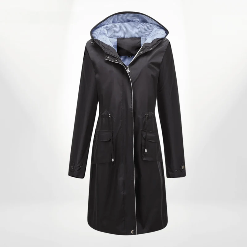 Trenchcoat wasserdicht über das Knie mit Kapuze verstellbare Taille Klappentaschen
