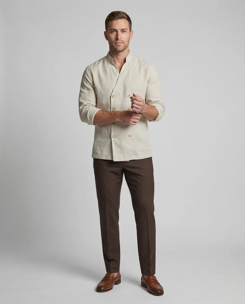 Herren nan sommerliches Leinenhemd im Doppelreiher-Stil mit Stehkragen und krempelbaren Ärmeln