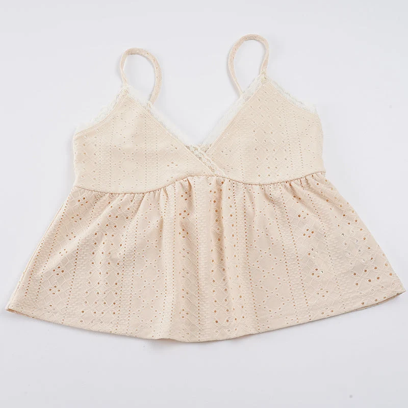 Damen Spaghetti-Trägertop mit feinem Spitzendetail und luftiger Baumwollstruktur