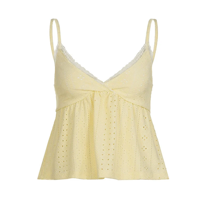 Damen Spaghetti-Trägertop mit feinem Spitzendetail und luftiger Baumwollstruktur
