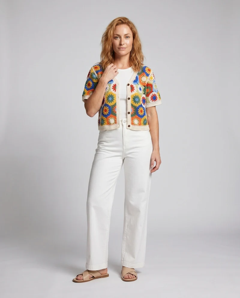 Damen gehäkelte Bluse mit buntem Blumenmuster und Knopfdetails