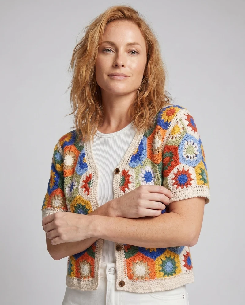 Damen gehäkelte Bluse mit buntem Blumenmuster und Knopfdetails