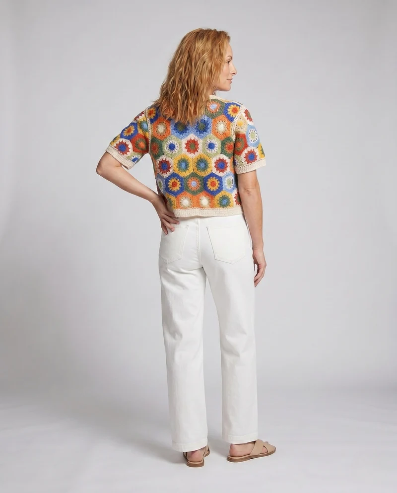 Damen gehäkelte Bluse mit buntem Blumenmuster und Knopfdetails