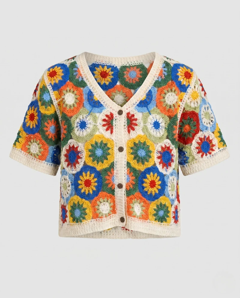 Damen gehäkelte Bluse mit buntem Blumenmuster und Knopfdetails