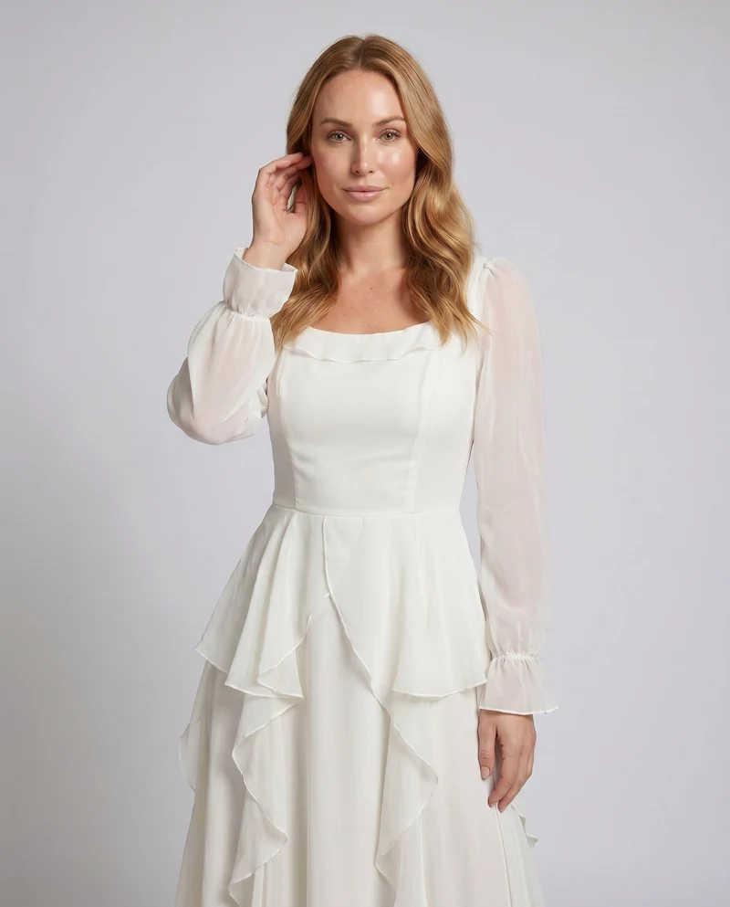 Damen Elegantes Maxikleid mit voluminösen Rüschen und transparentem Oberteil