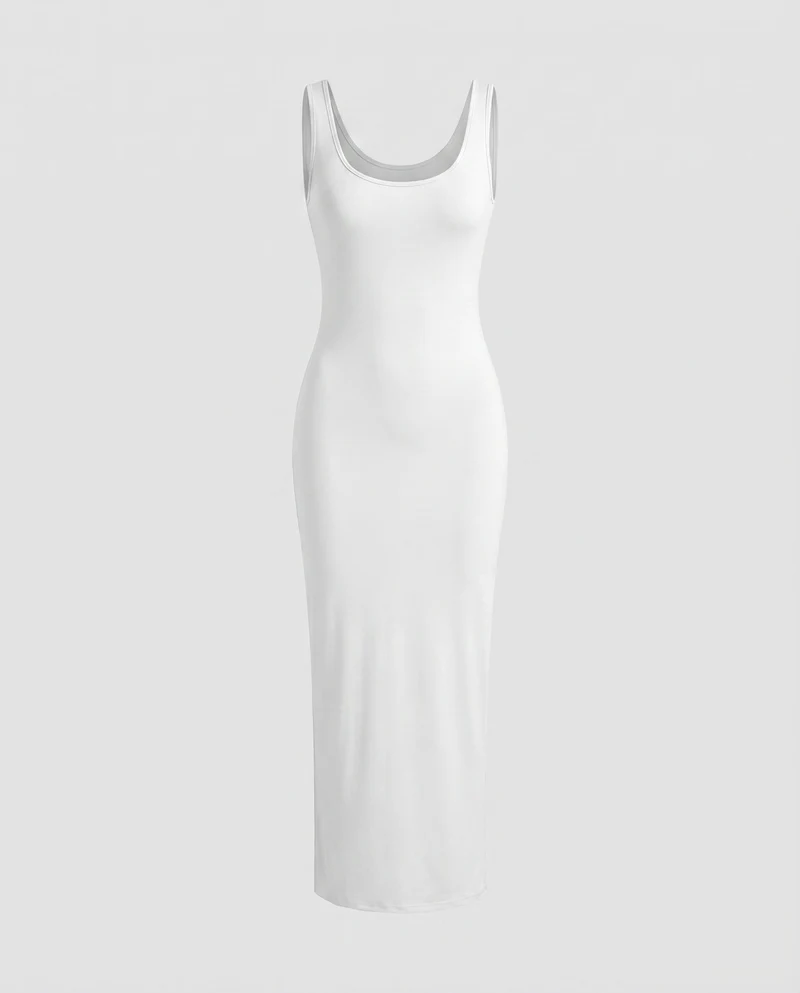 Damen Figurbetonte Tief Rundhalsausschnitt Baumwollmix Stretch-Maxi-Kleid