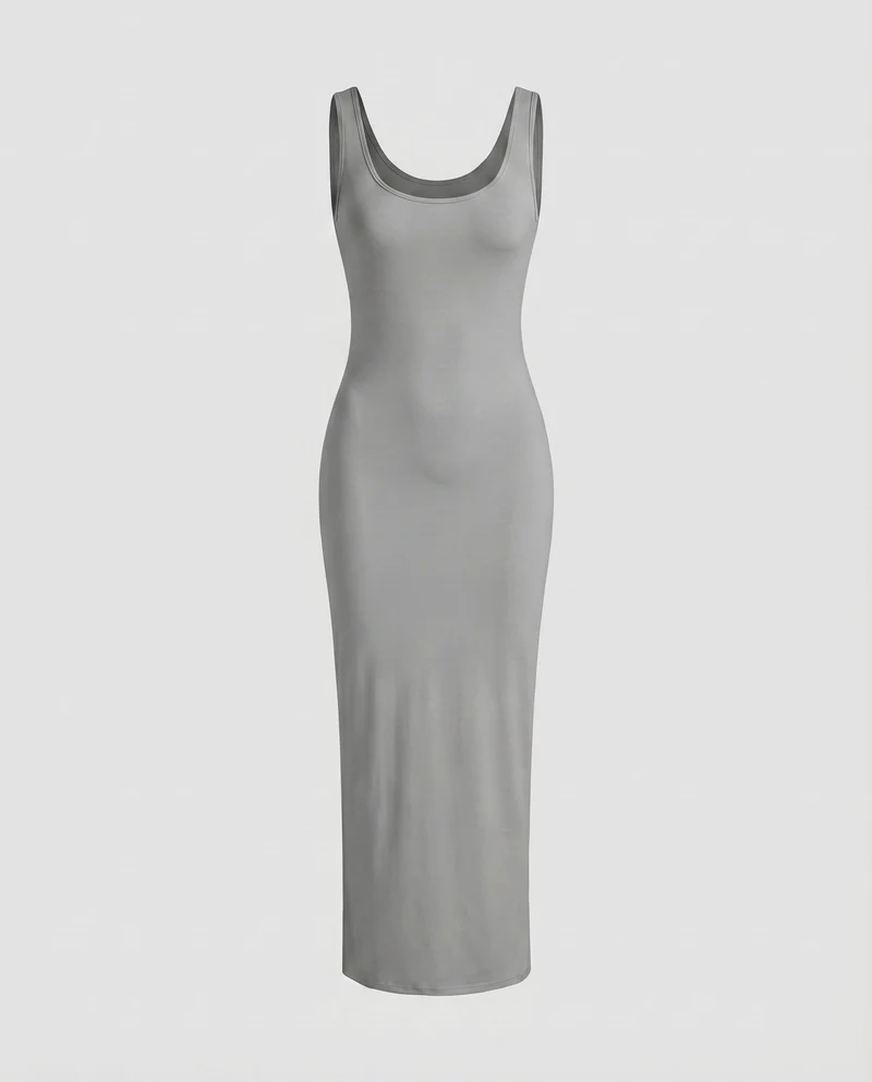 Damen Figurbetonte Tief Rundhalsausschnitt Baumwollmix Stretch-Maxi-Kleid