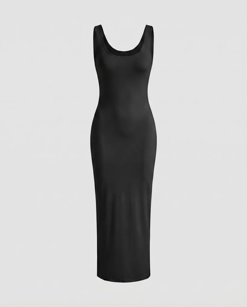 Damen Figurbetonte Tief Rundhalsausschnitt Baumwollmix Stretch-Maxi-Kleid