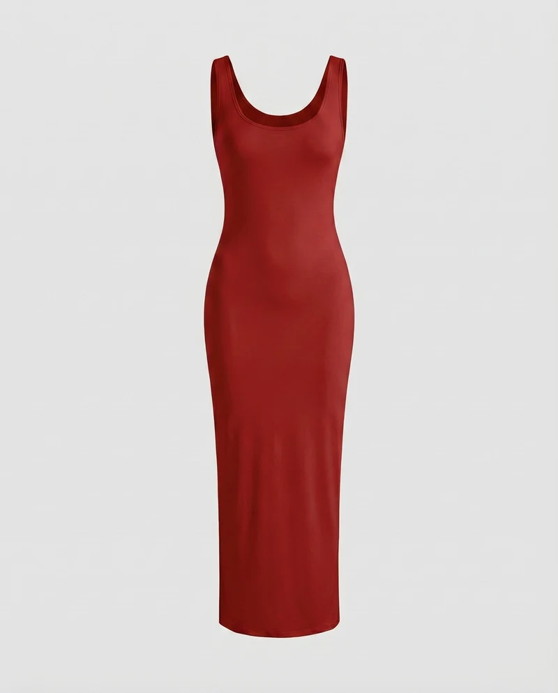 Damen Figurbetonte Tief Rundhalsausschnitt Baumwollmix Stretch-Maxi-Kleid