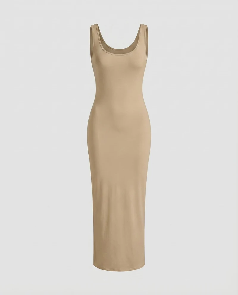 Damen Figurbetonte Tief Rundhalsausschnitt Baumwollmix Stretch-Maxi-Kleid
