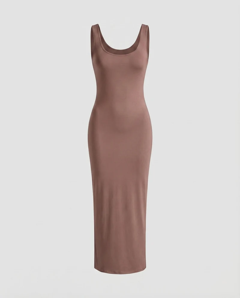 Damen Figurbetonte Tief Rundhalsausschnitt Baumwollmix Stretch-Maxi-Kleid