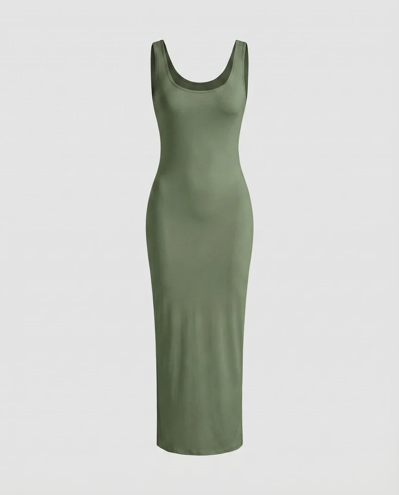 Damen Figurbetonte Tief Rundhalsausschnitt Baumwollmix Stretch-Maxi-Kleid