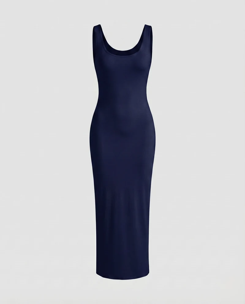 Damen Figurbetonte Tief Rundhalsausschnitt Baumwollmix Stretch-Maxi-Kleid