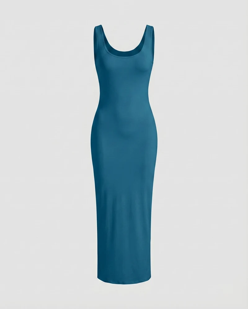 Damen Figurbetonte Tief Rundhalsausschnitt Baumwollmix Stretch-Maxi-Kleid