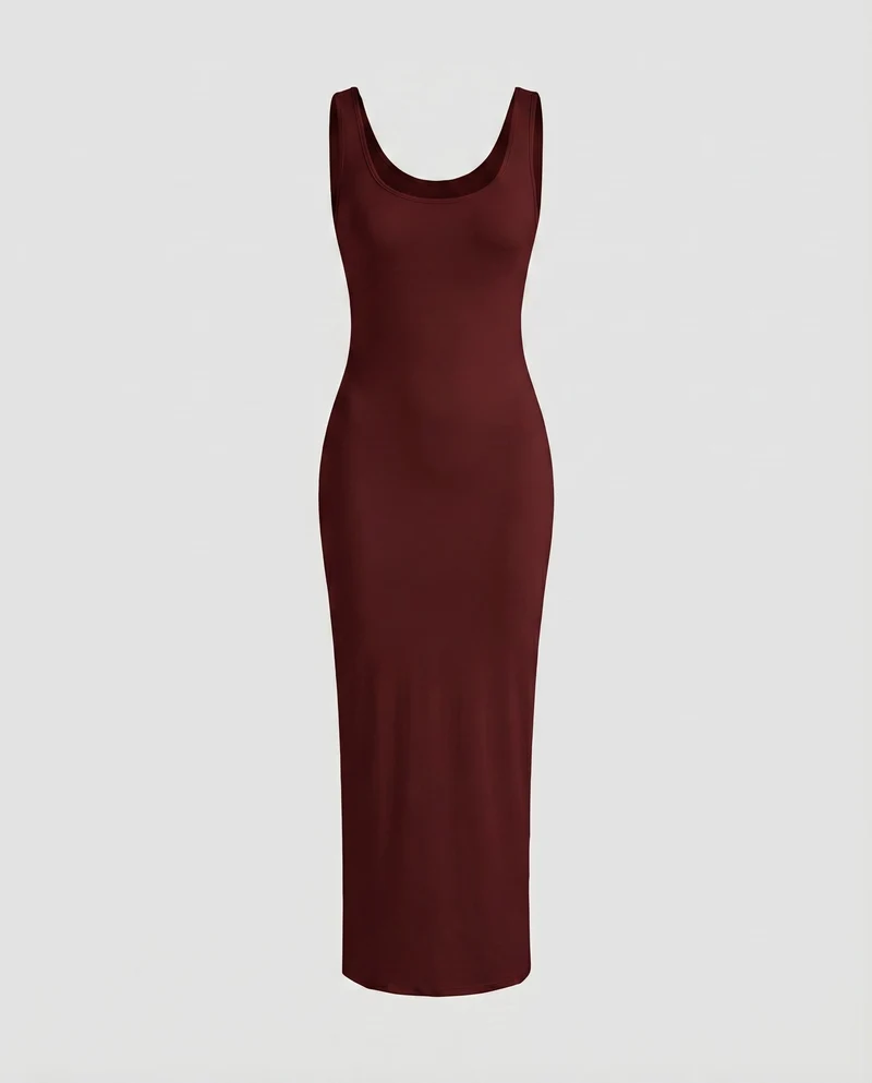 Damen Figurbetonte Tief Rundhalsausschnitt Baumwollmix Stretch-Maxi-Kleid