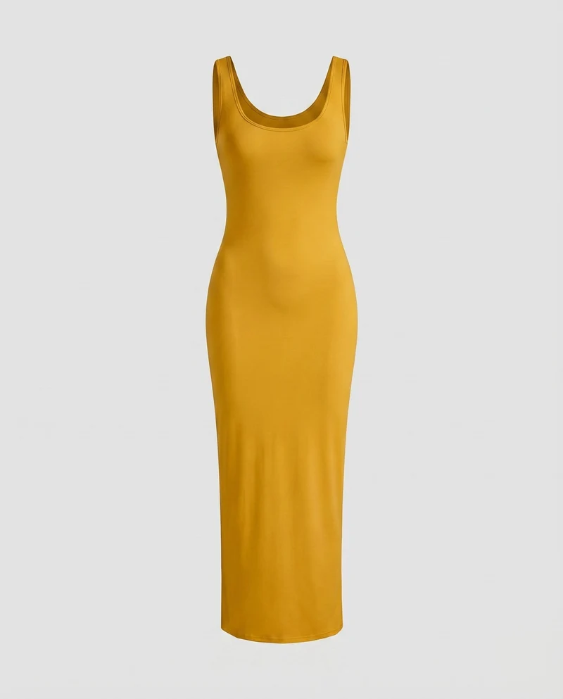 Damen Figurbetonte Tief Rundhalsausschnitt Baumwollmix Stretch-Maxi-Kleid