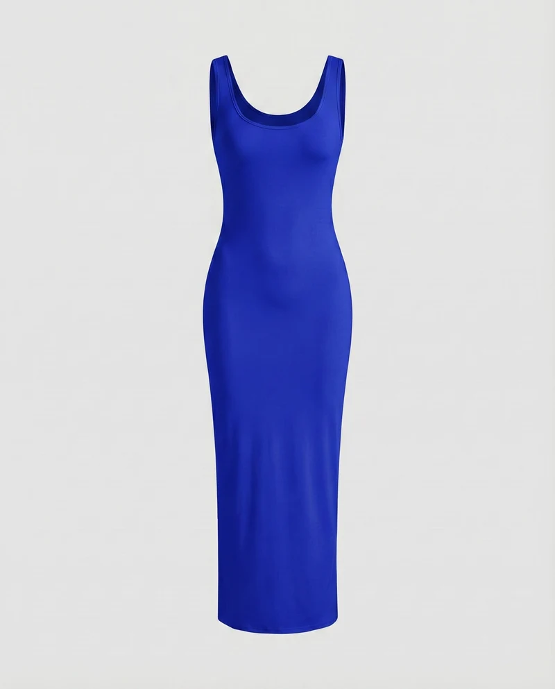 Damen Figurbetonte Tief Rundhalsausschnitt Baumwollmix Stretch-Maxi-Kleid