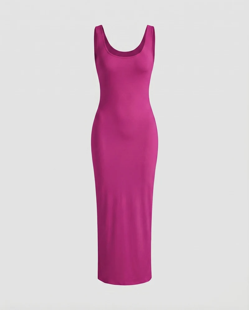 Damen Figurbetonte Tief Rundhalsausschnitt Baumwollmix Stretch-Maxi-Kleid