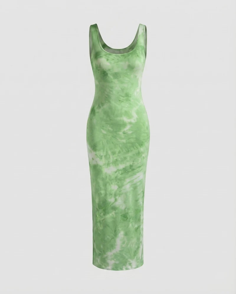 Damen Figurbetonte Tief Rundhalsausschnitt Baumwollmix Stretch-Maxi-Kleid