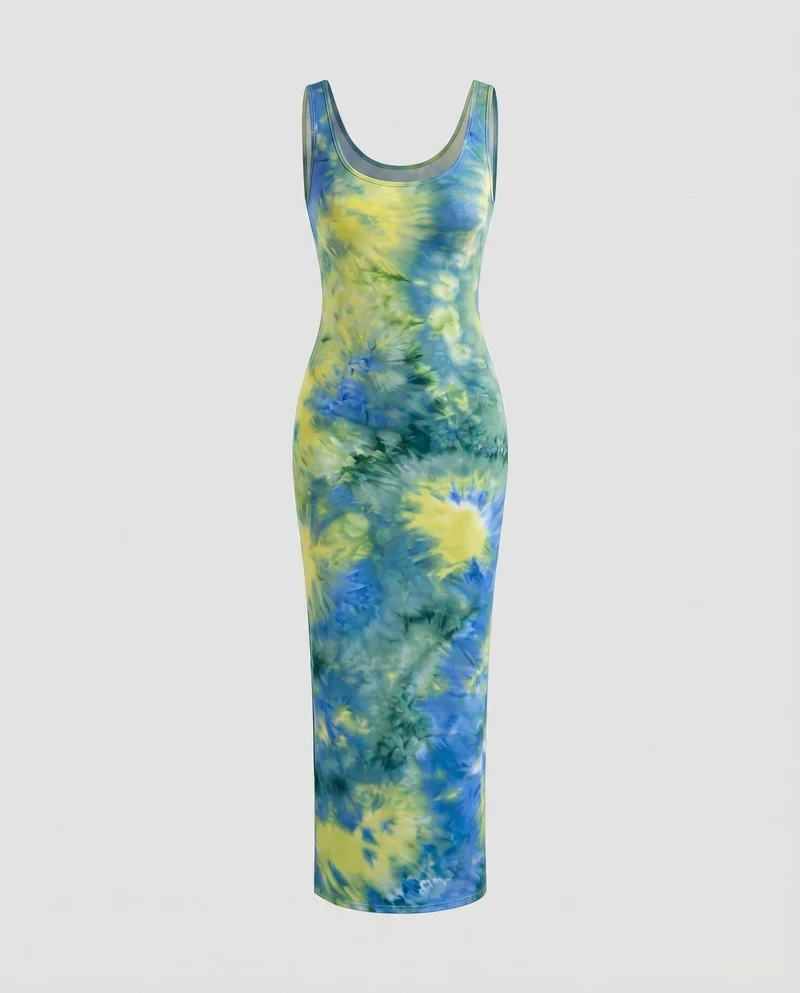 Damen Figurbetonte Tief Rundhalsausschnitt Baumwollmix Stretch-Maxi-Kleid