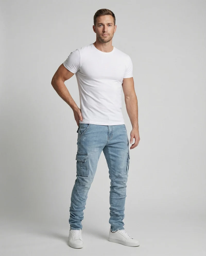 Herren nan konisch zulaufende Cargo-Jeans mit aufgesetzten Klappentaschen, verwaschener Optik und Elastananteil
