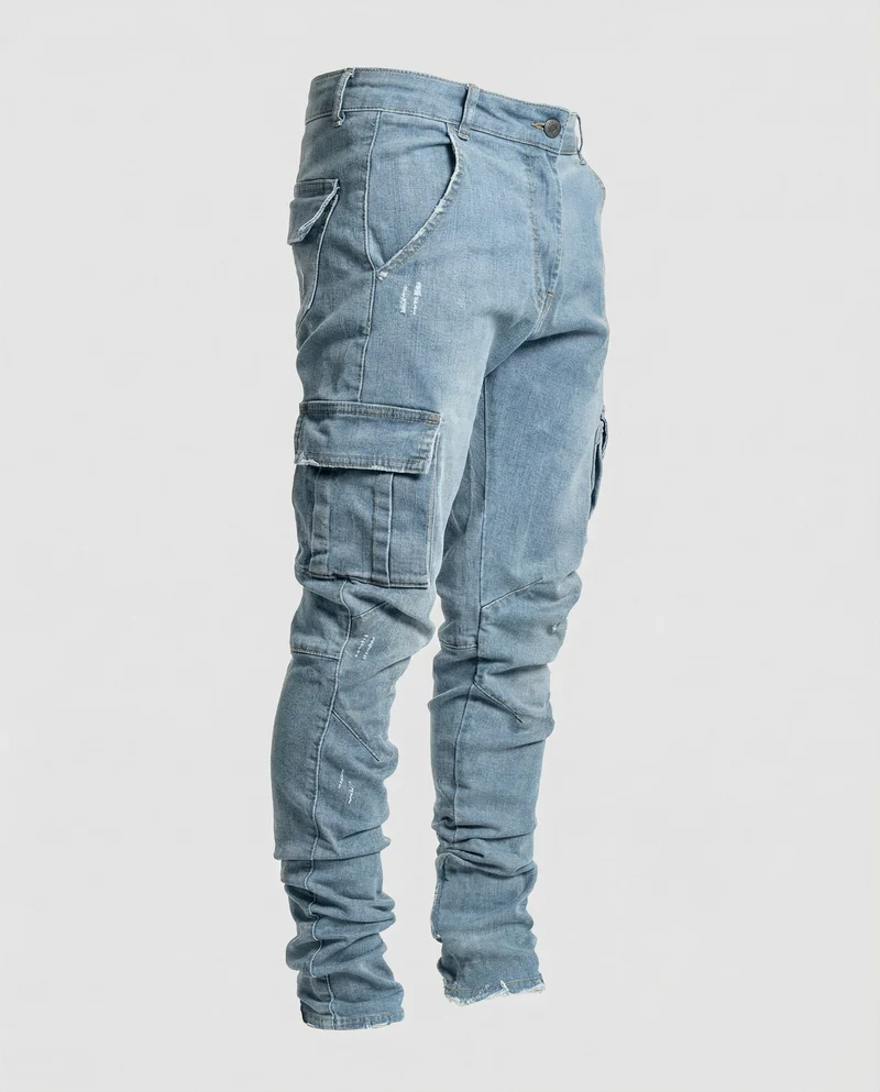 Herren nan konisch zulaufende Cargo-Jeans mit aufgesetzten Klappentaschen, verwaschener Optik und Elastananteil