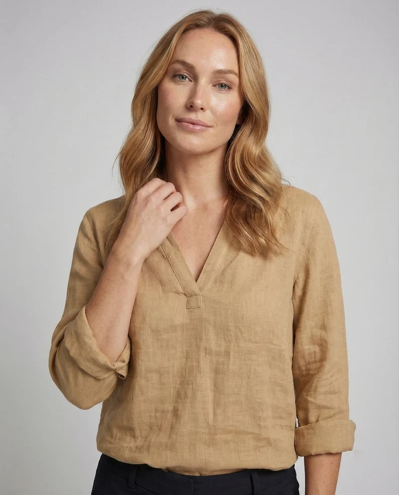 Damen Oversize Leinen-Tunika V-Ausschnitt