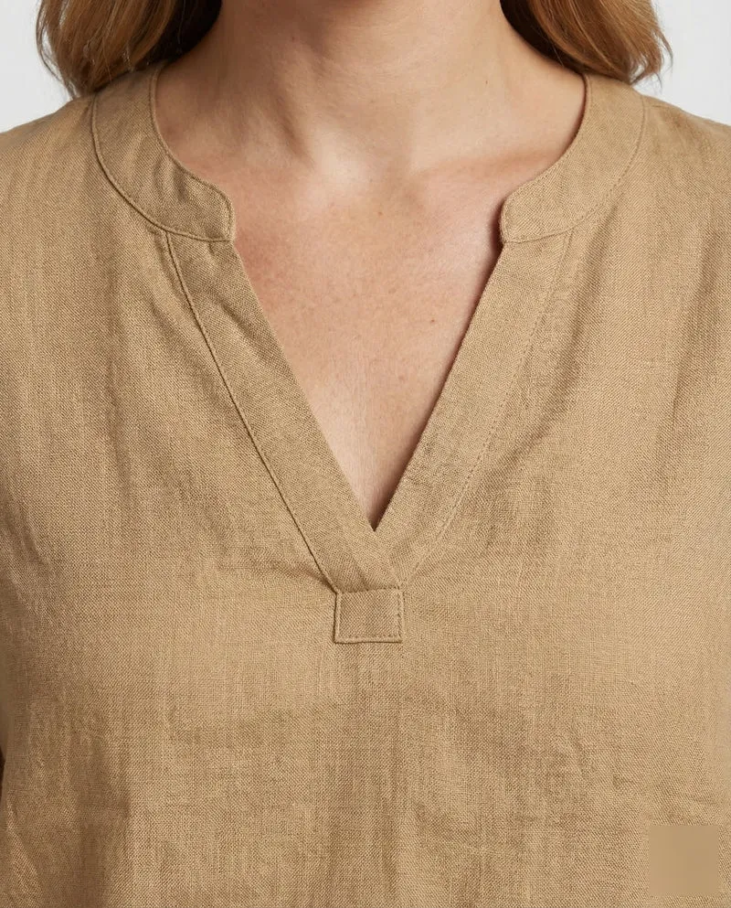 Damen Oversize Leinen-Tunika V-Ausschnitt