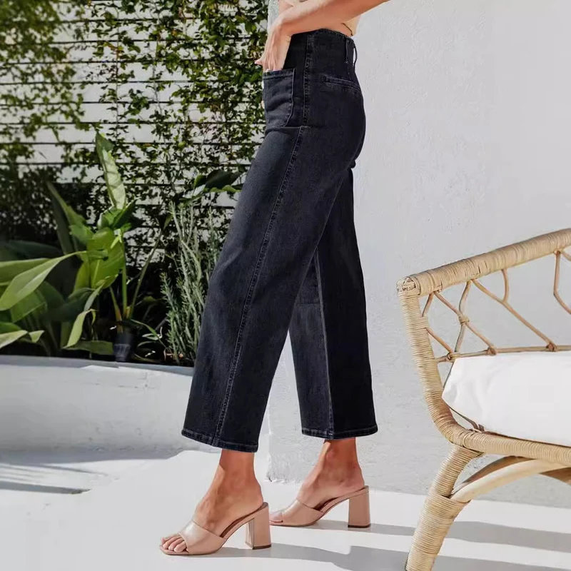 Damen High-Waist Jeans mit Knopfdetail und weitem Bein