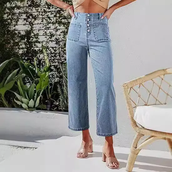 Damen High-Waist Jeans mit Knopfdetail und weitem Bein